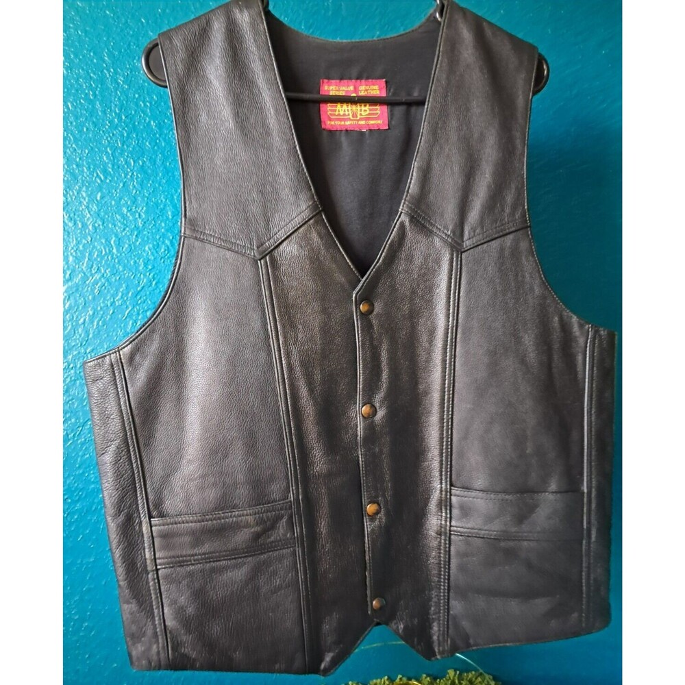 Men's MB ELITE Black Genuine Leather Motorcycle Riding Vest L-XL